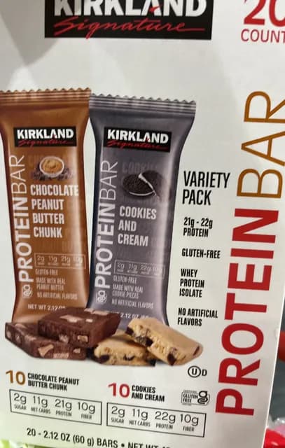 Is it Milk Free? Kirkland Signature Protein Bar Variety Pack: 10 Chocolate Peanut Butter Chunk, 10 Cookies And Cream