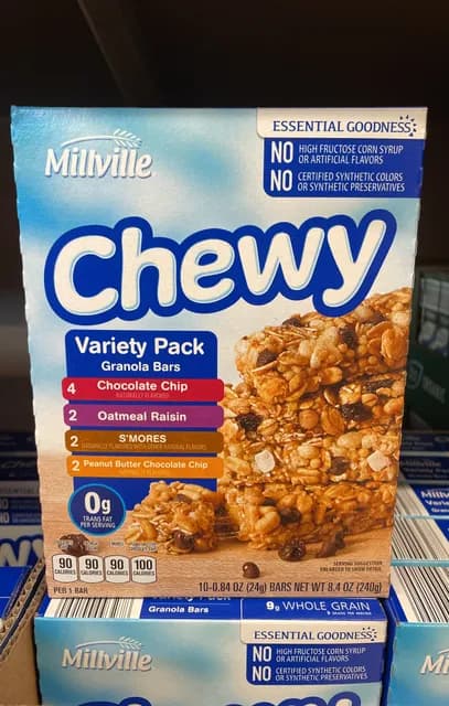 Is it Pescatarian? Millville Chewy Granola Bars Variety Pack: 4 Chocolate Chip, 2 Oatmeal Raisin, 2 S'mores, 2 Peanut Butter Chocolate Chip